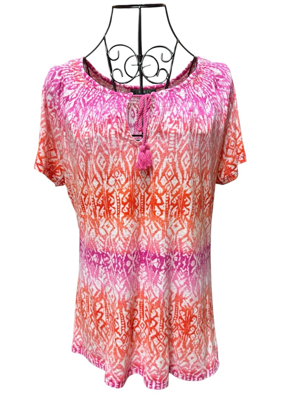 Ralph Lauren Pink & Orange Tassel Tie Short Sleeve Top Medium
